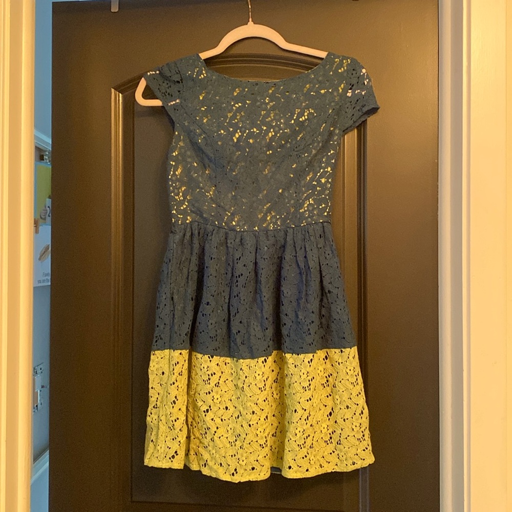 Kenzie cz teal and lime green lace dress